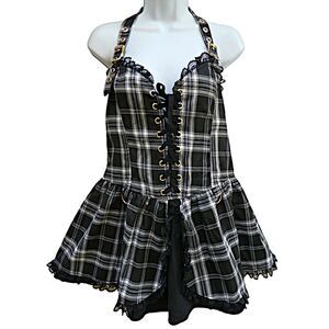 NEW Lip Service USA Mall Goth Y2K Punk Plaid Tart N Tiny Skater Dress Lace Trim